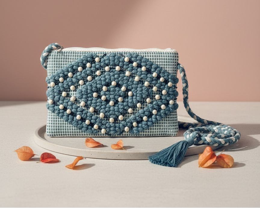 Blue woven handbag with white beads on a beige background