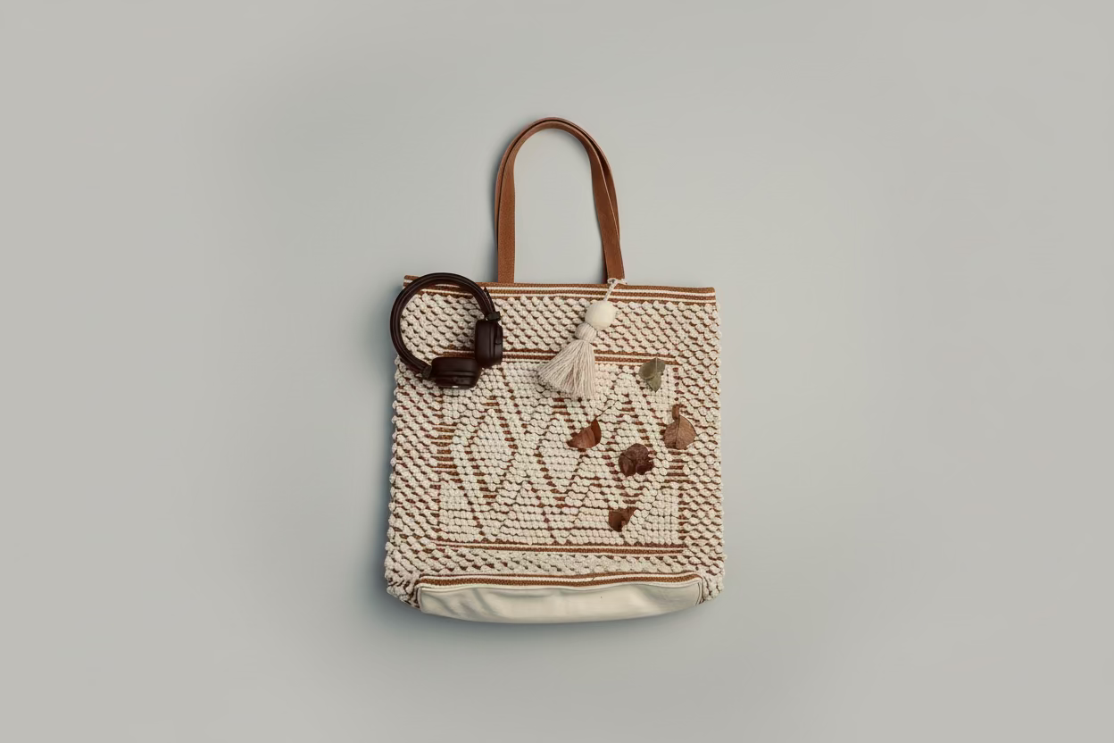 A handcrafted cotton tote bag with beige and brown colors, featuring a geometric pattern, leather straps, and a tassel detail.